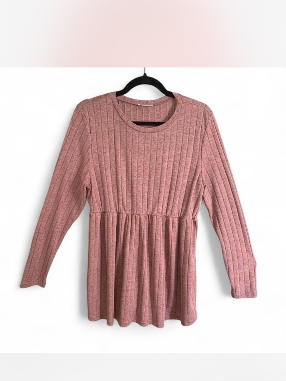 Ribbed Peplum Long-Sleeve Top - Heathered Dusty Rose size L